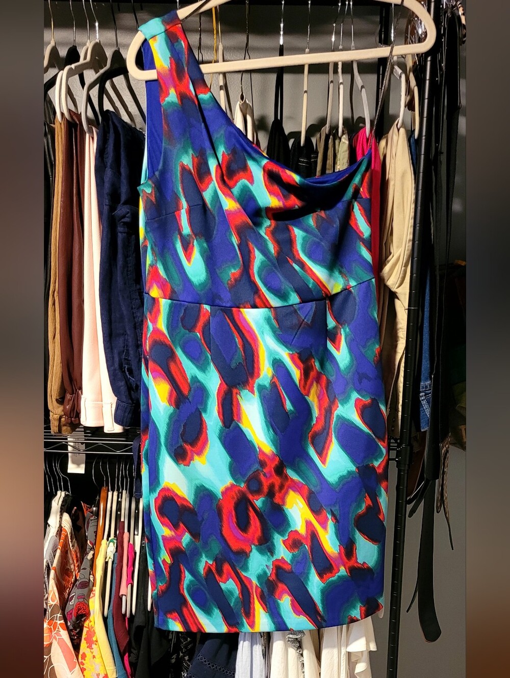 BOLD elements One-Shoulder Abstract Print Dress — Blue, Teal & Red